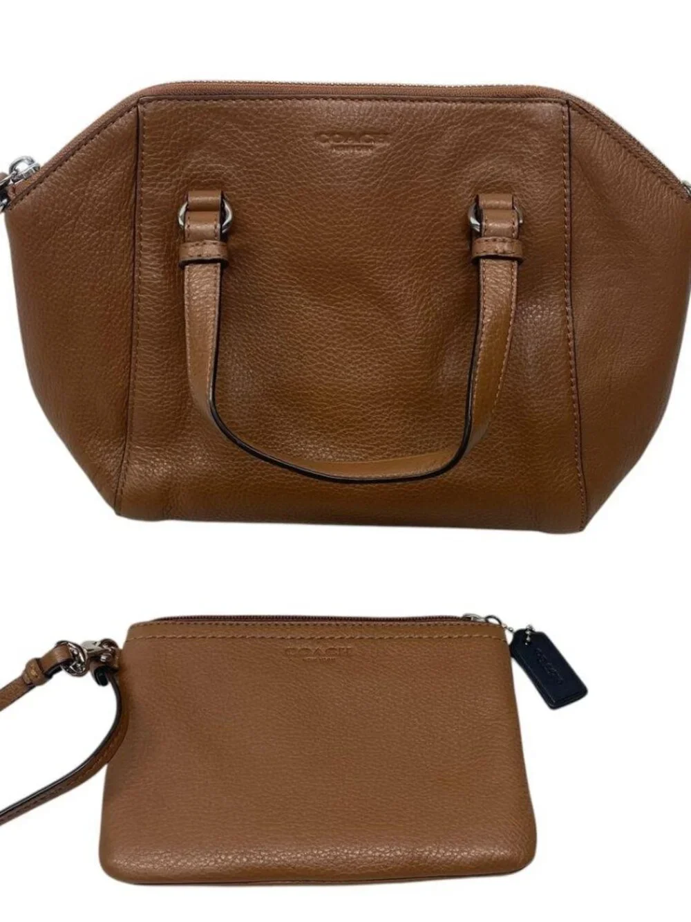 COACH Brown Pebbled Leather Zip Top Satchel Handbag+Park Leather Wristlet Purse